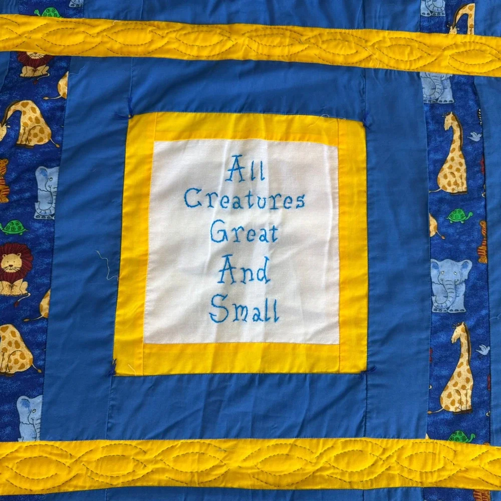 Handmade Noahs Ark Baby Quilt All Creatures Great And Small Embroidered Blue